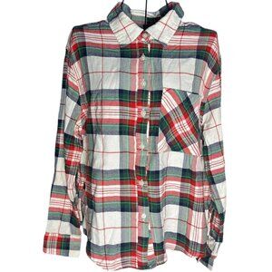 Aerie Pajama Top Womens XS Plaid Flannel Button Up White Green Red Christmas‎ PJ